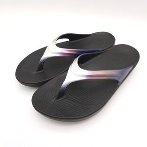 Oofos OOlala (Women's 9) Black Recovery Thong Flip Flop Ombre Metallic Sandals